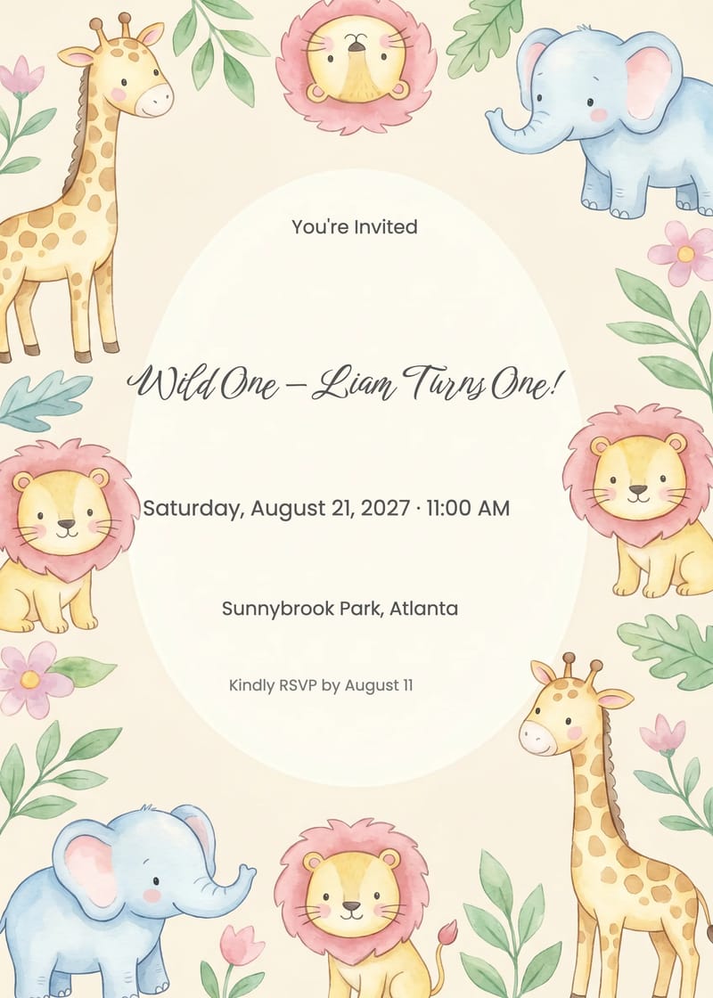 Safari Pastel First Birthday Invitation invitation