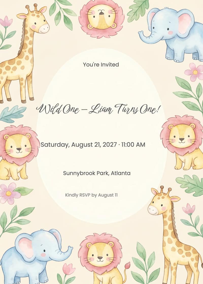 Graduation Party Invation Card Format Safari Pastel First Birthday Invitation for Kids Birthday Invitation ...
