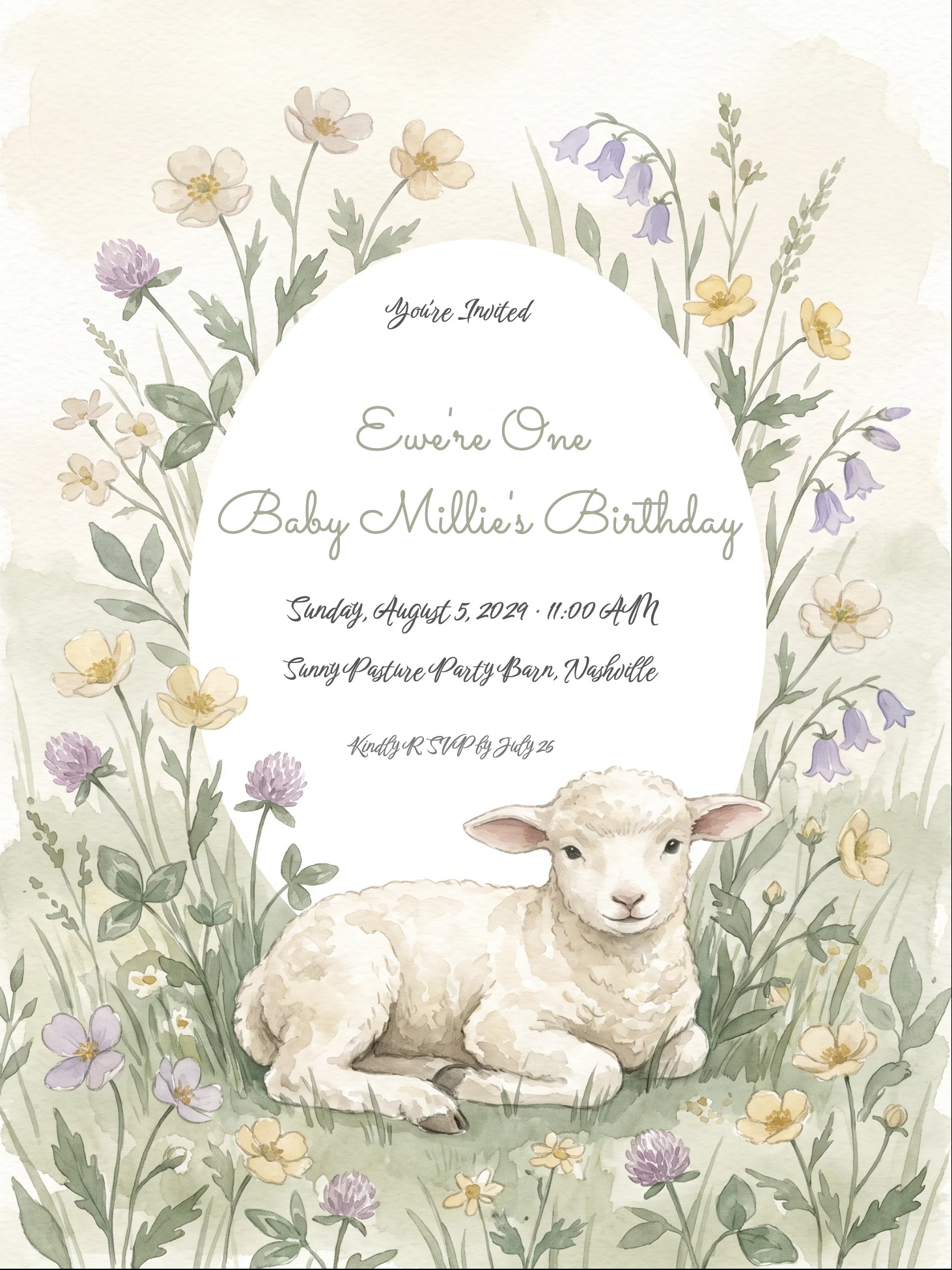 Lamb Meadow 1st Birthday Invitation invitation