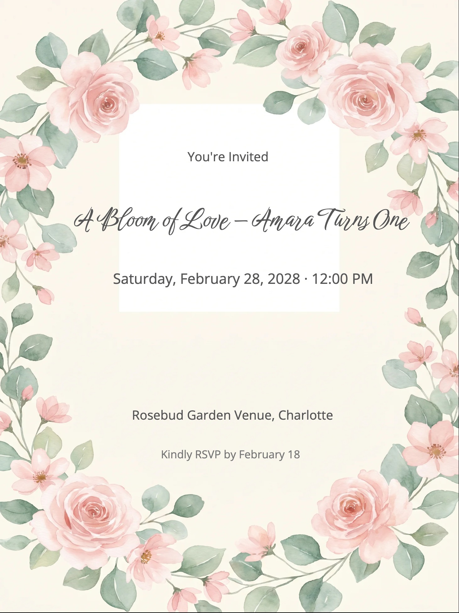 Floral Garland 1st Birthday Invitation