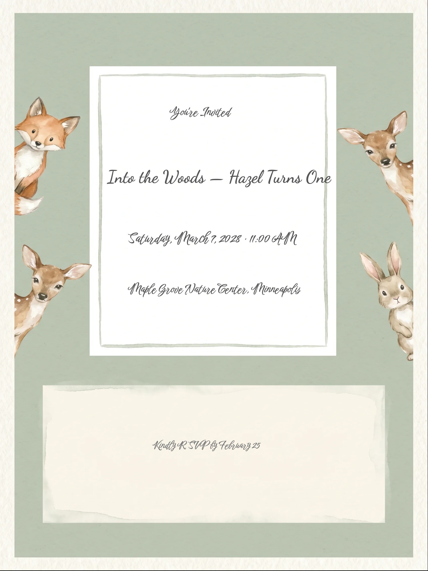Sage green first birthday invitation with watercolor fox, deer, rabbit, and script text.