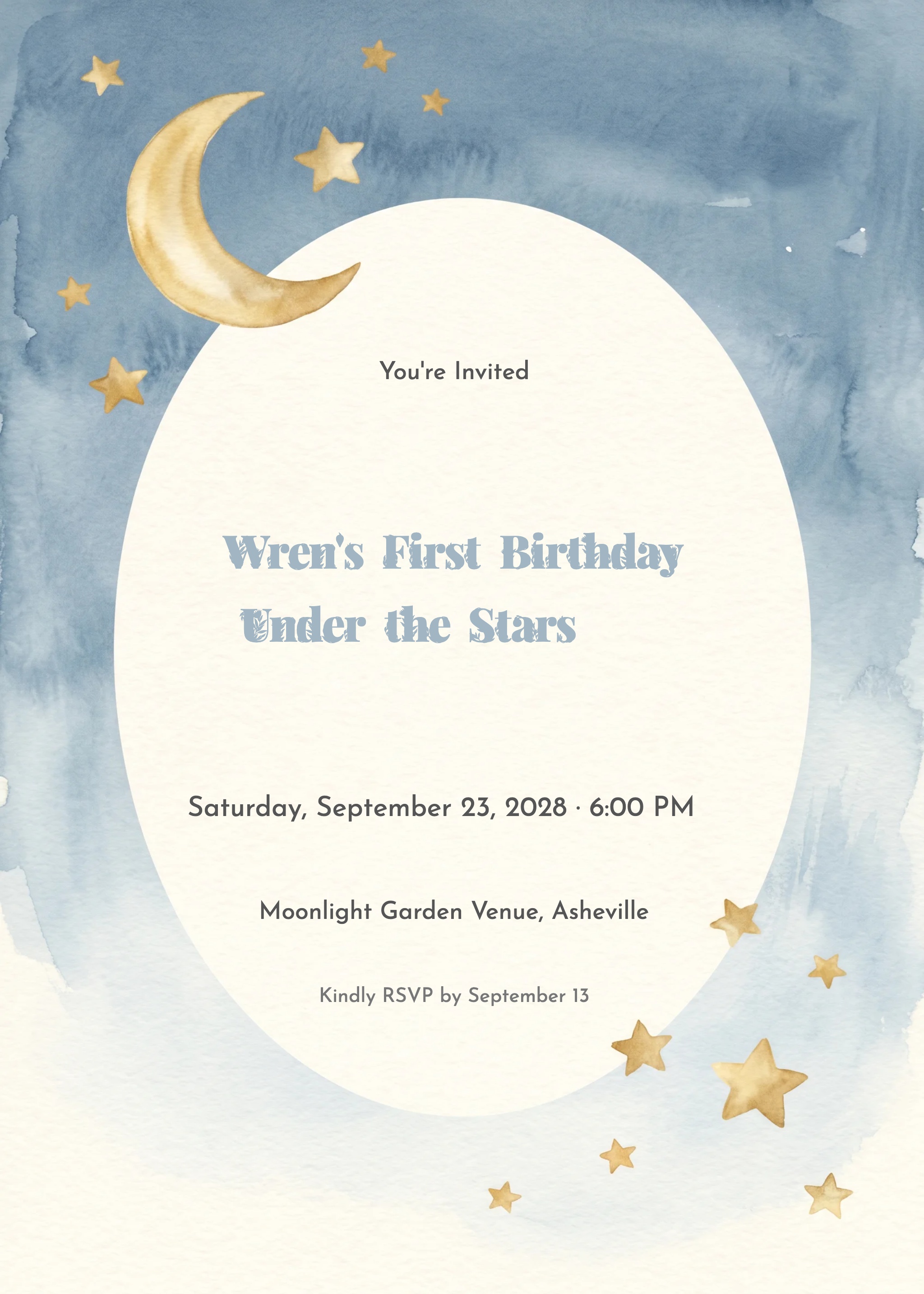 Watercolor blue sky birthday invitation with gold crescent moon and scattered stars.
