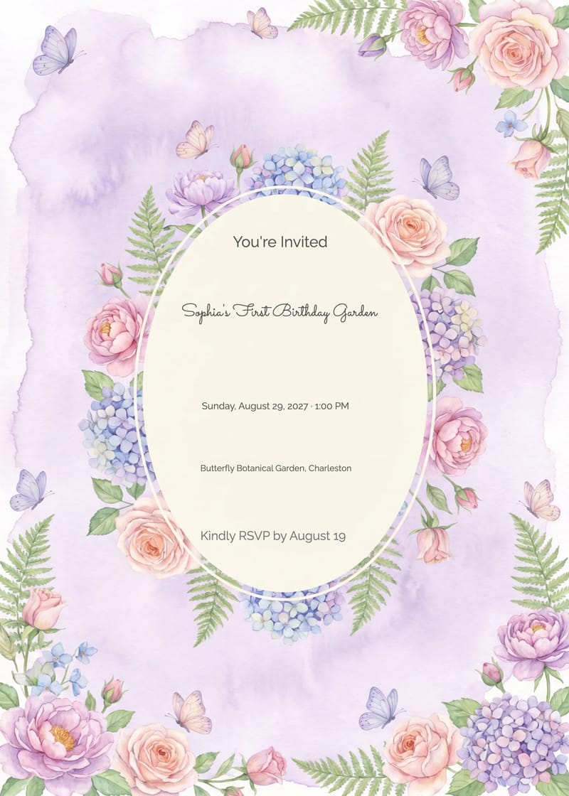 Purple Floral Garden First Birthday Invitation invitation