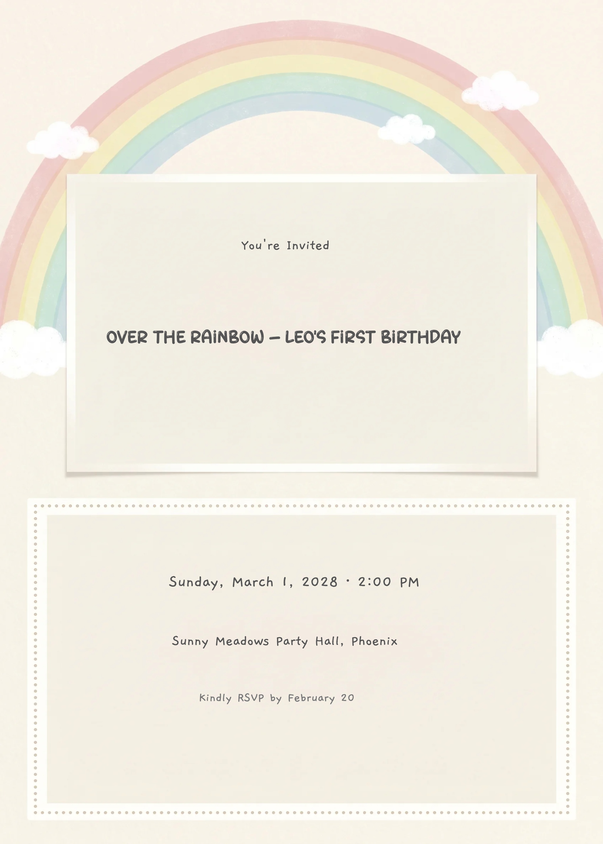 Pastel watercolor rainbow arch birthday invitation with cloud accents and cream background.
