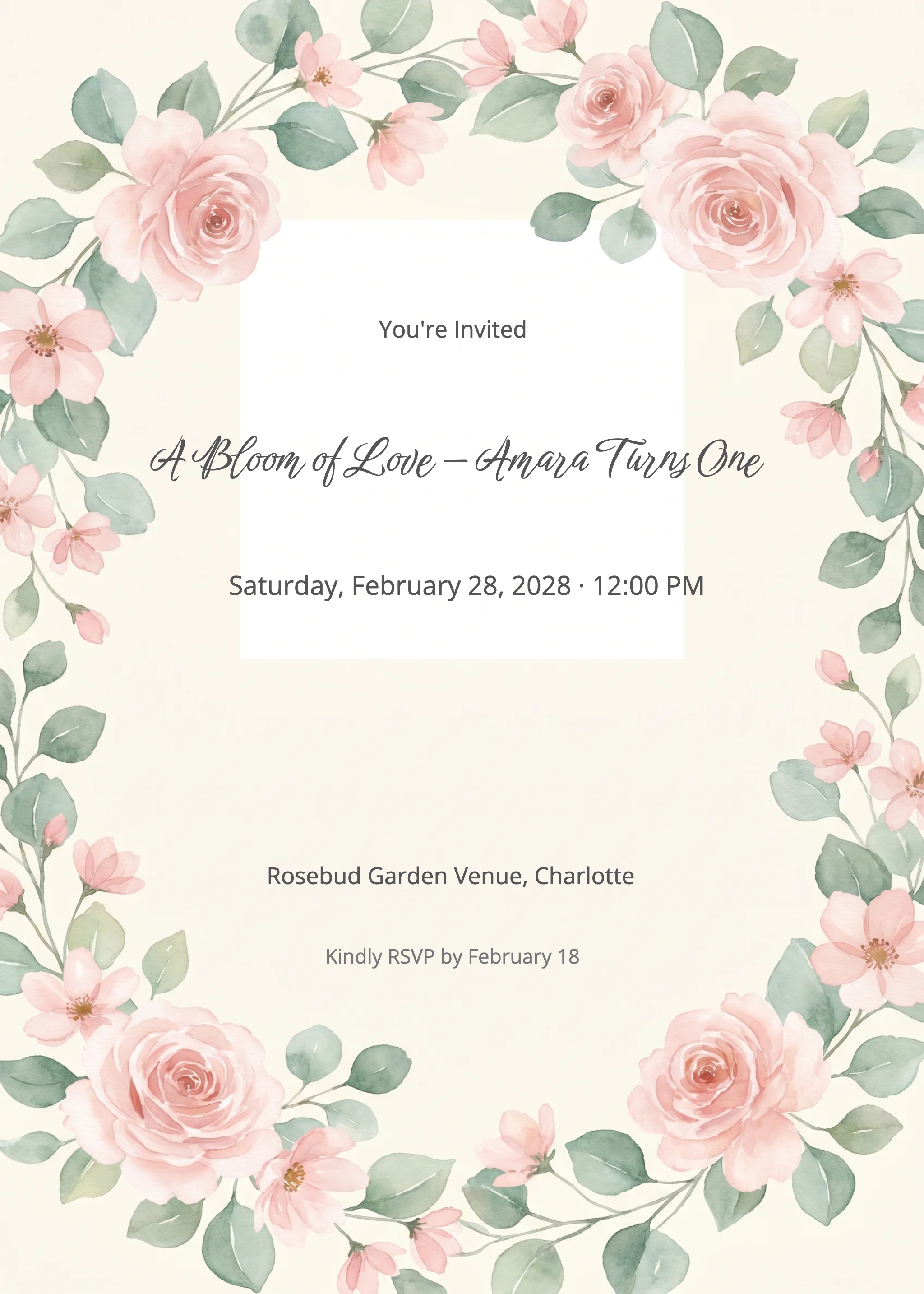 Floral wreath invitation with pink roses, blush blossoms, and sage green leaves on cream.