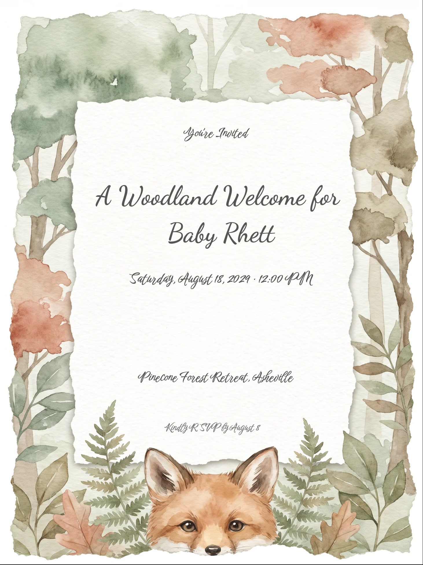 Woodland Fox 1st Birthday Invitation 