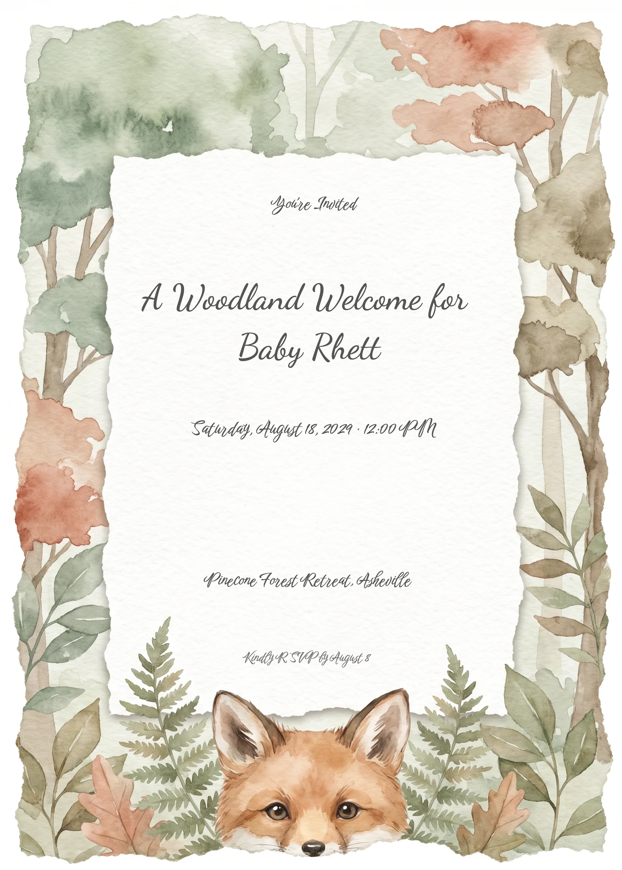 Woodland Fox 1st Birthday Invitation 