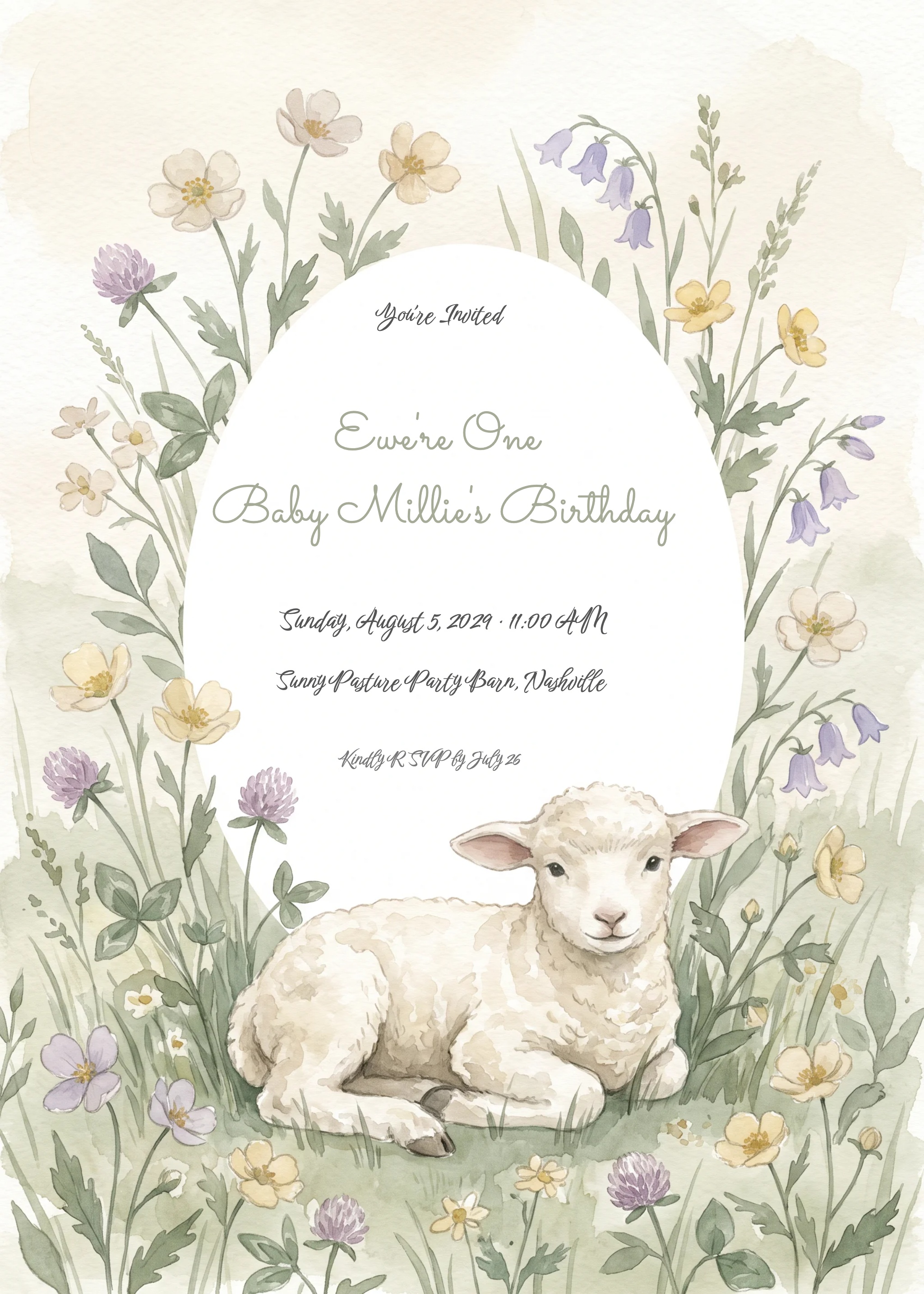 Lamb Meadow 1st Birthday Invitation 