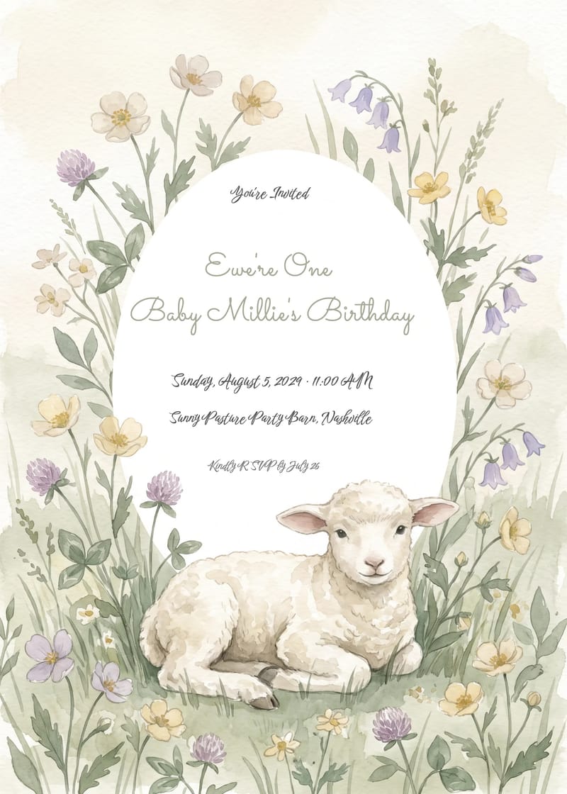 Lamb Meadow 1st Birthday Invitation invitation