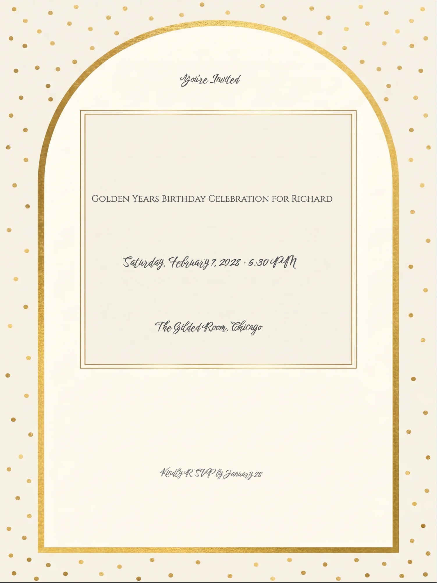 Cream birthday invitation with gold arch, confetti dots, and cursive script text.