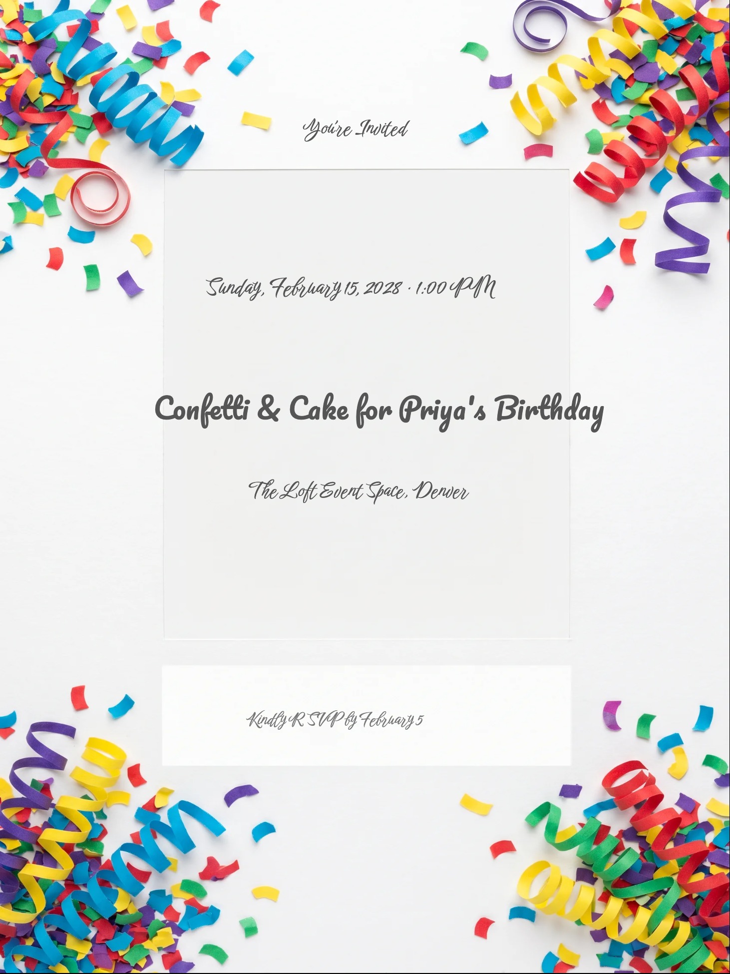 Birthday invitation with multicolored confetti border, bold handwritten title, and cursive script text.