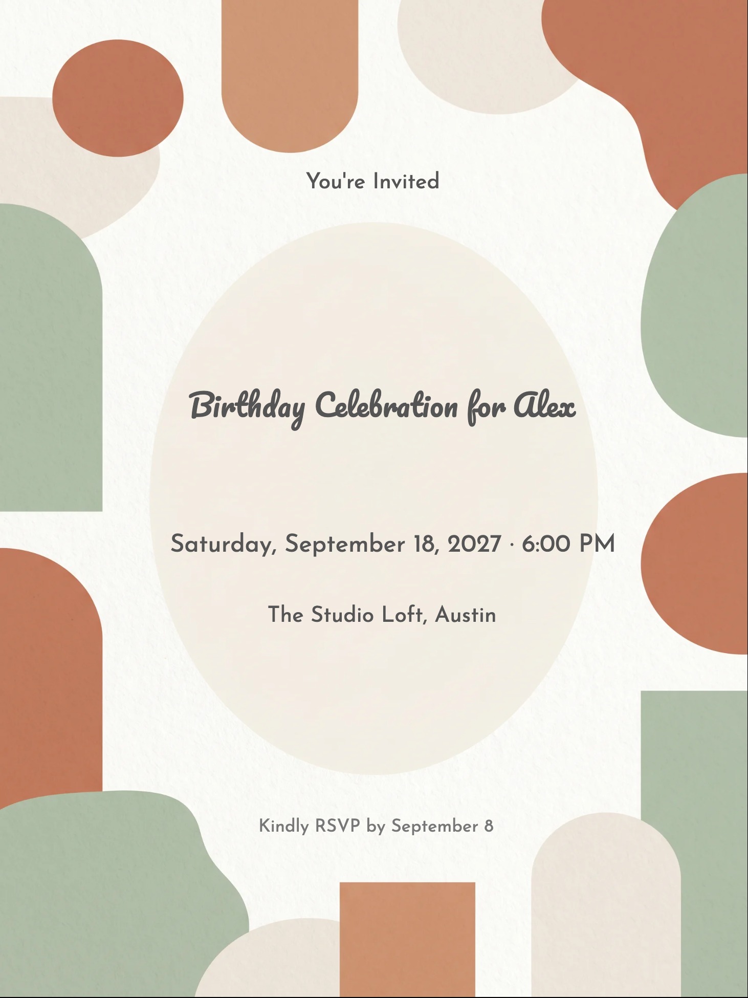 Birthday invitation with abstract terracotta, sage, and beige geometric shapes on cream background.