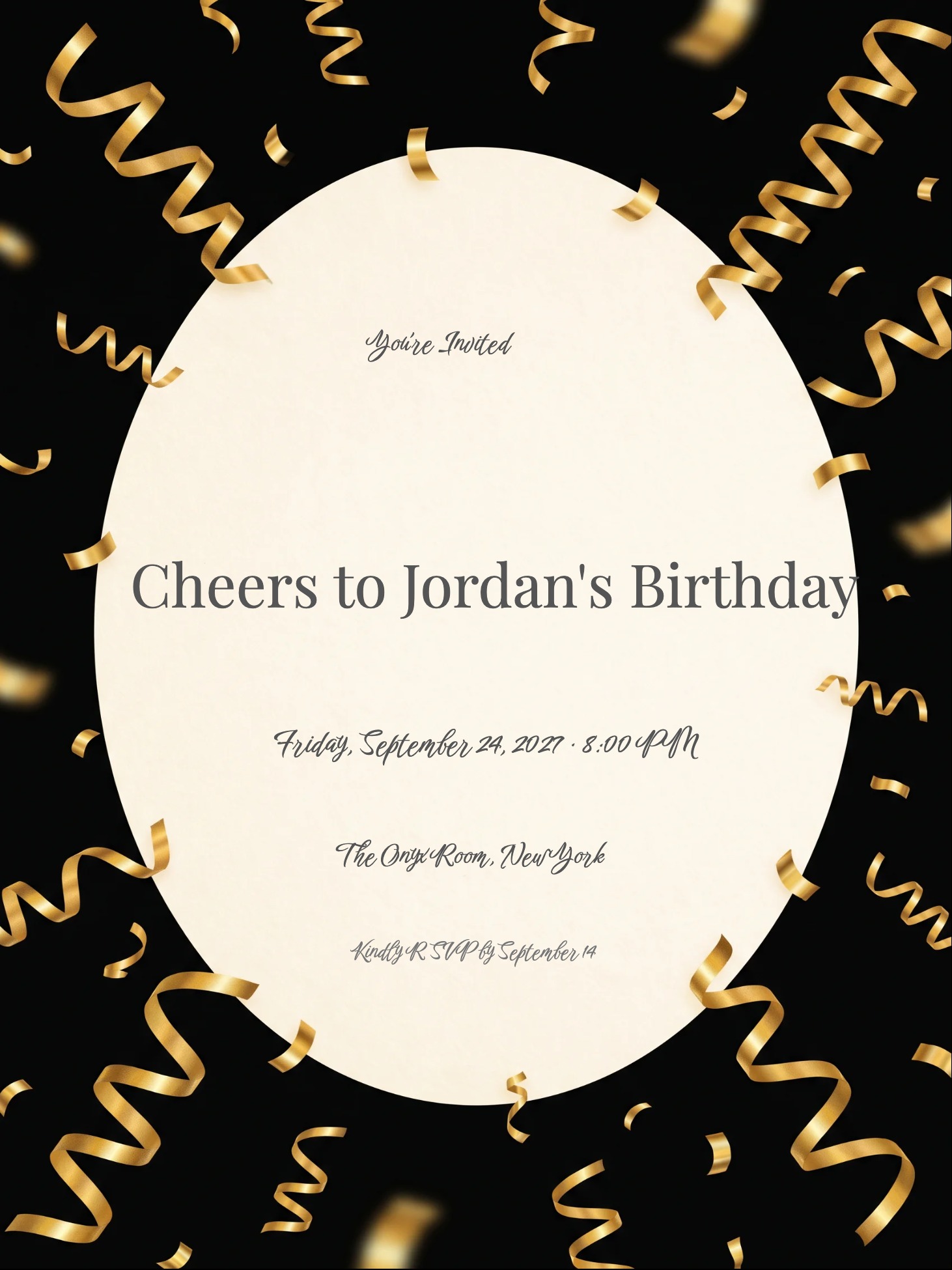 Black birthday invitation with gold streamers and cream oval text panel.