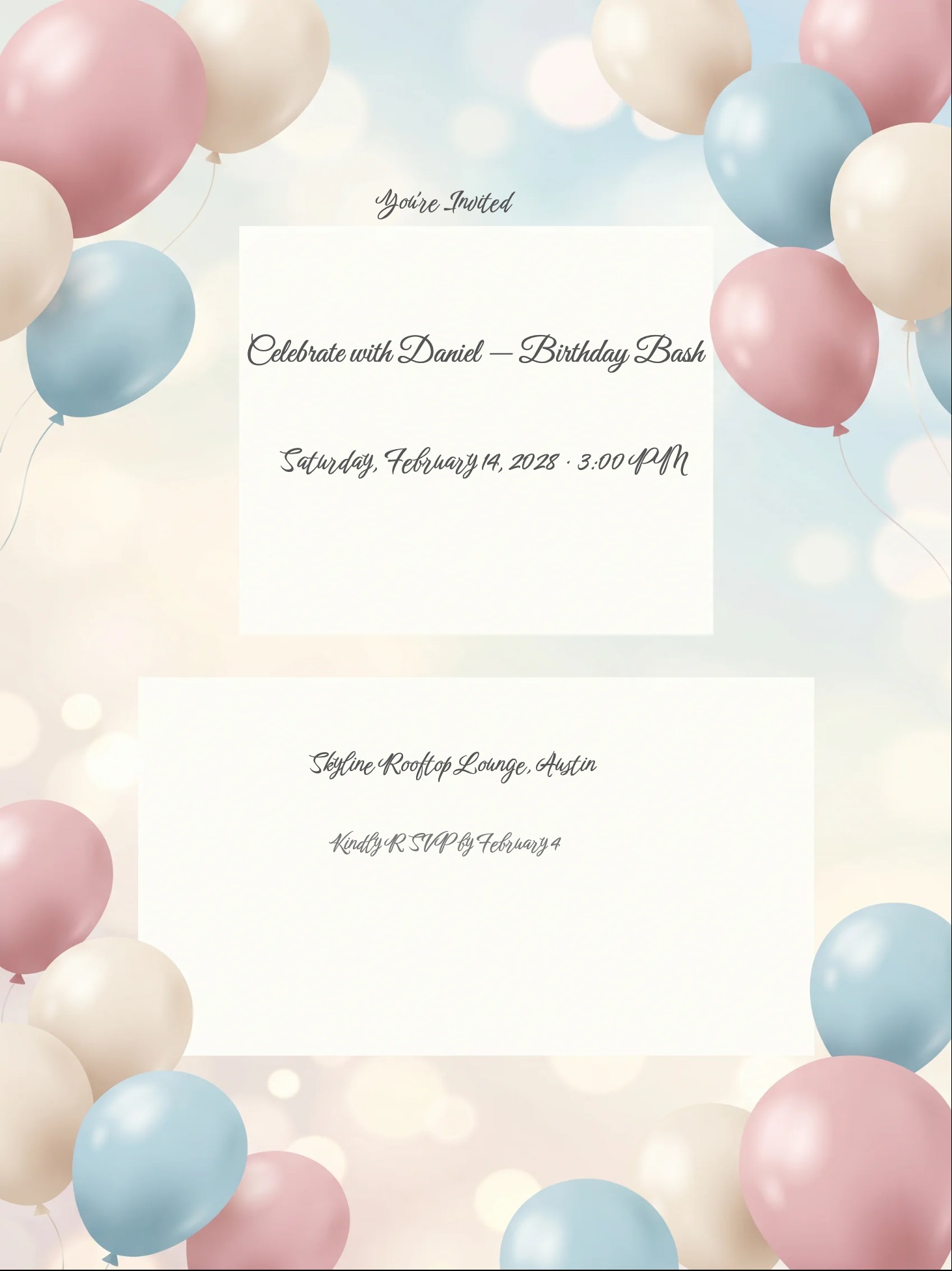 Birthday invitation with pink, blue, and cream balloons surrounding cursive script text panels.