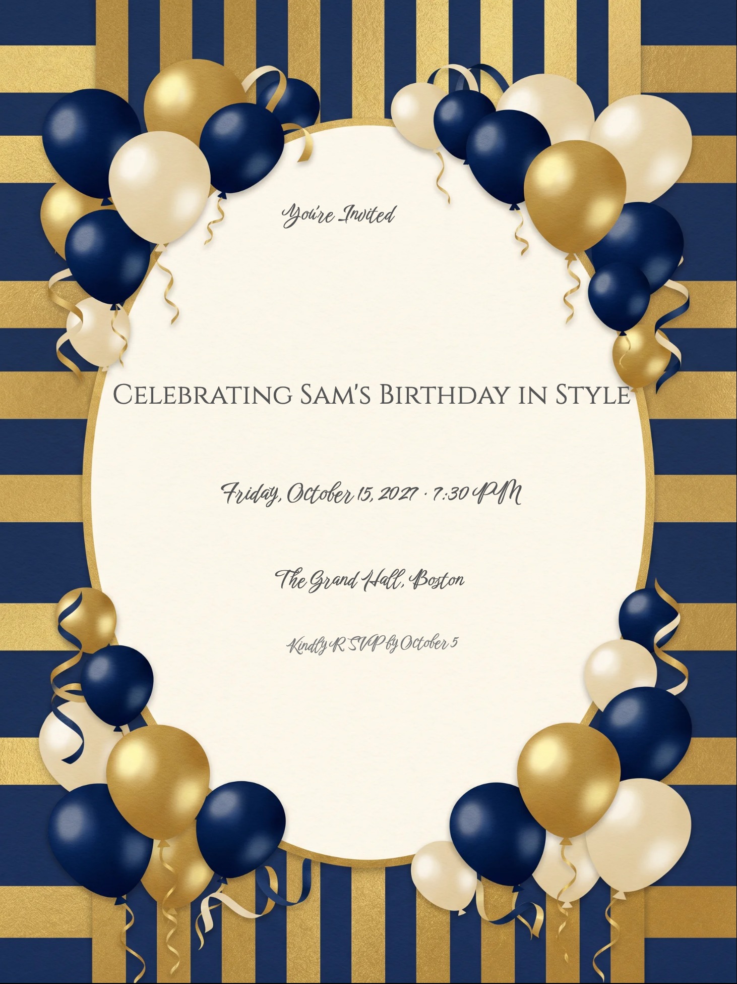 Navy and gold striped birthday invitation with balloon clusters and cream oval text panel.