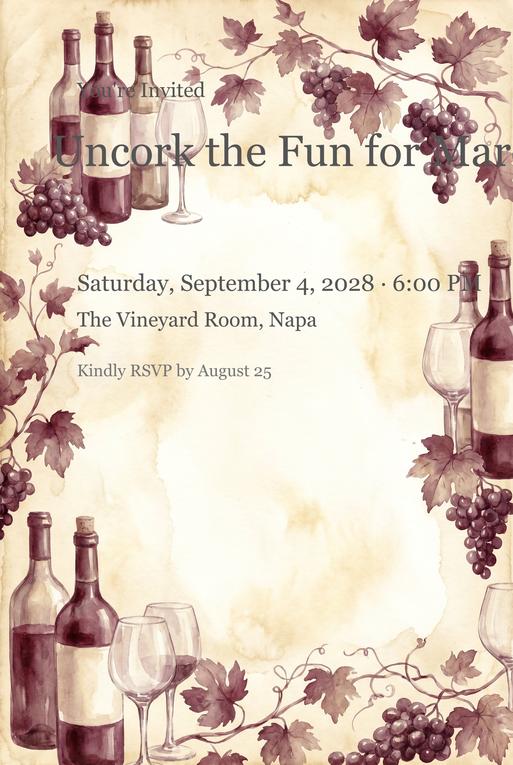 Vintage-style birthday invitation with watercolor wine bottles, glasses, and grape vine border.