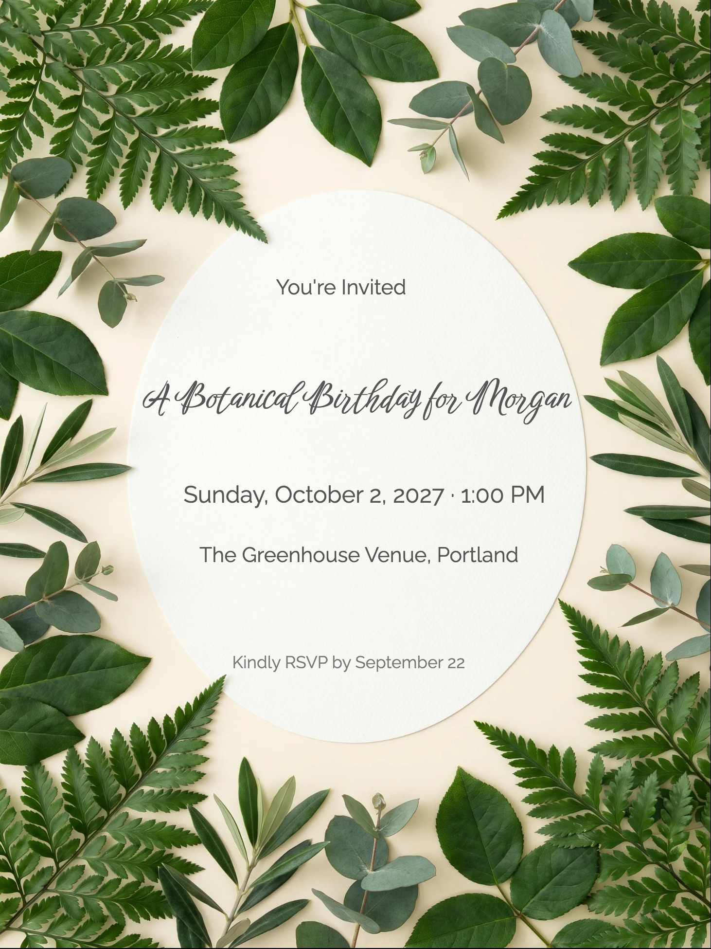 Birthday invitation with green botanical leaf border on a cream background and oval center panel.