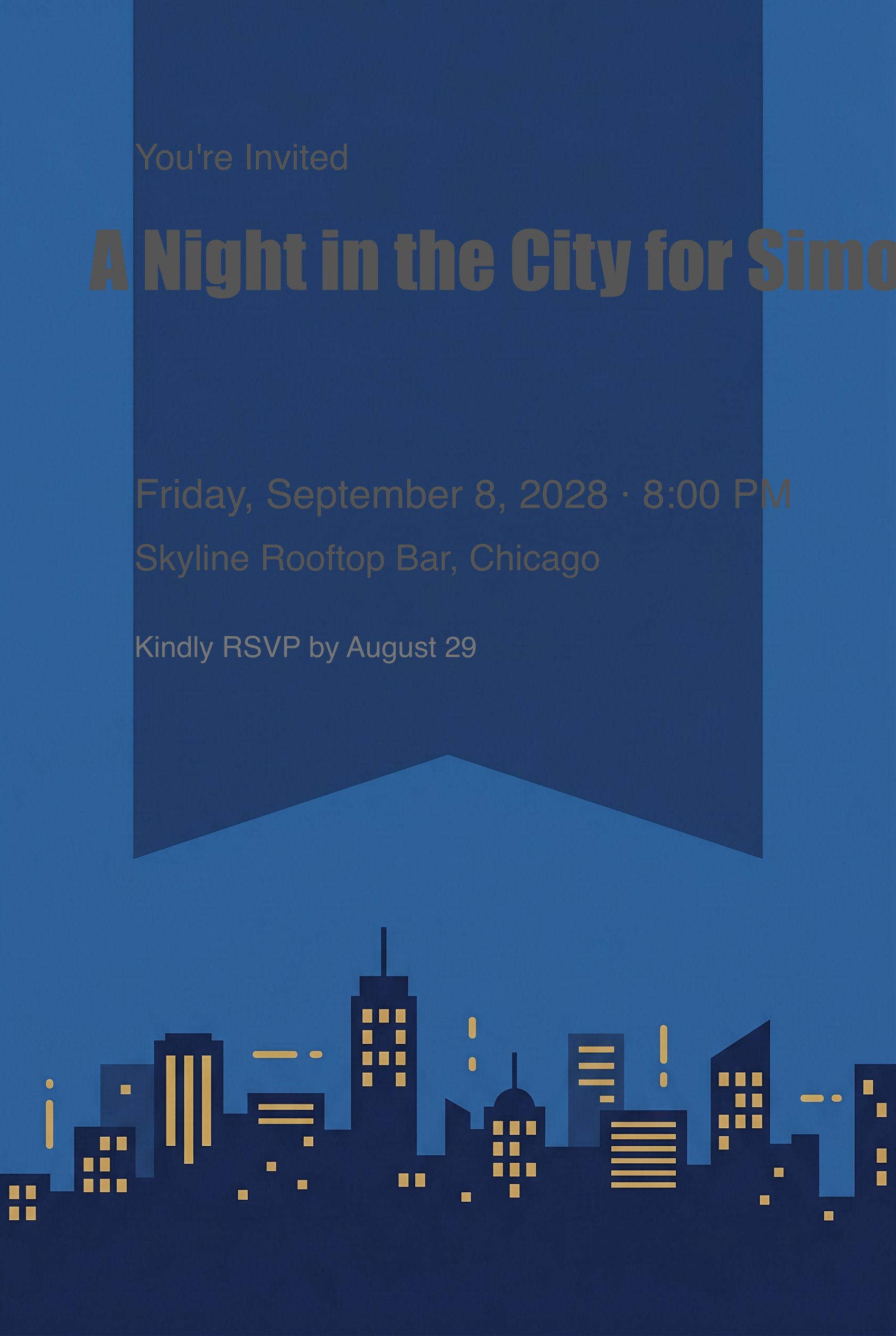 Dark blue city skyline birthday invitation with ribbon banner and golden building lights.
