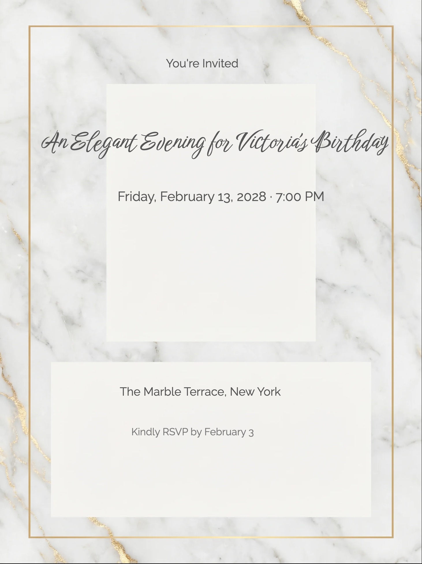 White marble birthday invitation with gold veining, cream panels, script headline, and sans-serif event details.