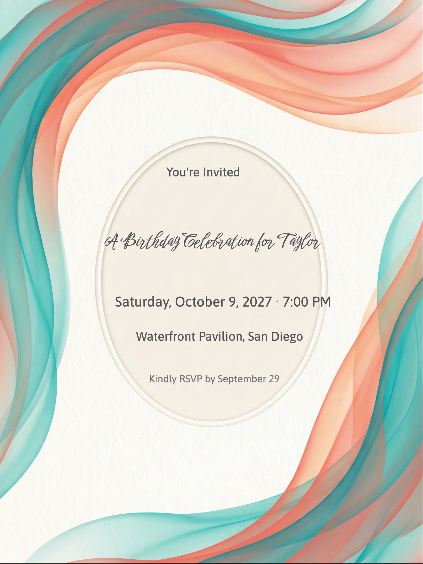 Birthday invitation with coral and teal wave border surrounding an oval text panel.