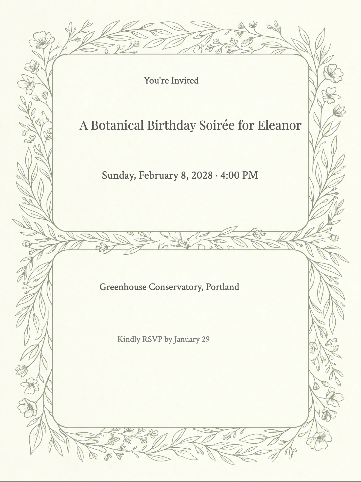 Cream invitation with sage green botanical vine border and two rounded text panels.