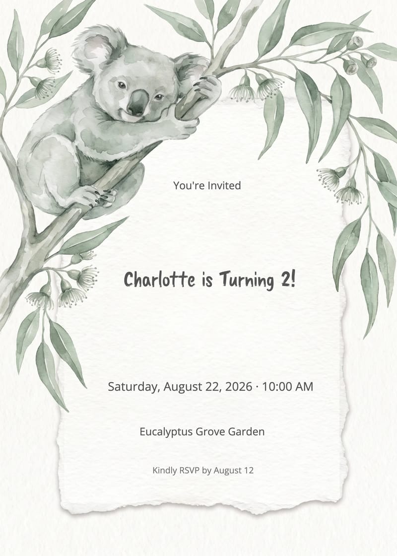 Sleepy Koala Animal Birthday Invitation invitation