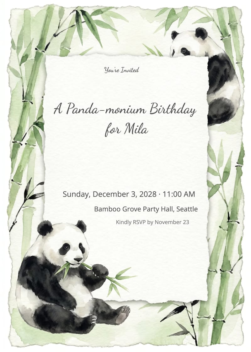 Panda Bamboo Animal Birthday Invitation invitation