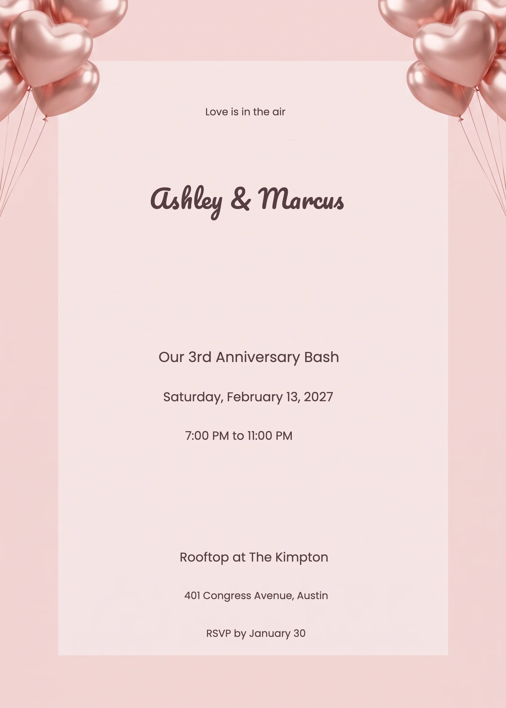 Rose Gold Anniversary Balloons Invitation