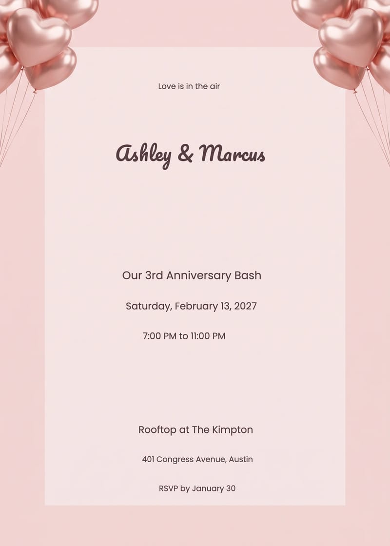 Rose Gold Anniversary Balloons Invitation invitation