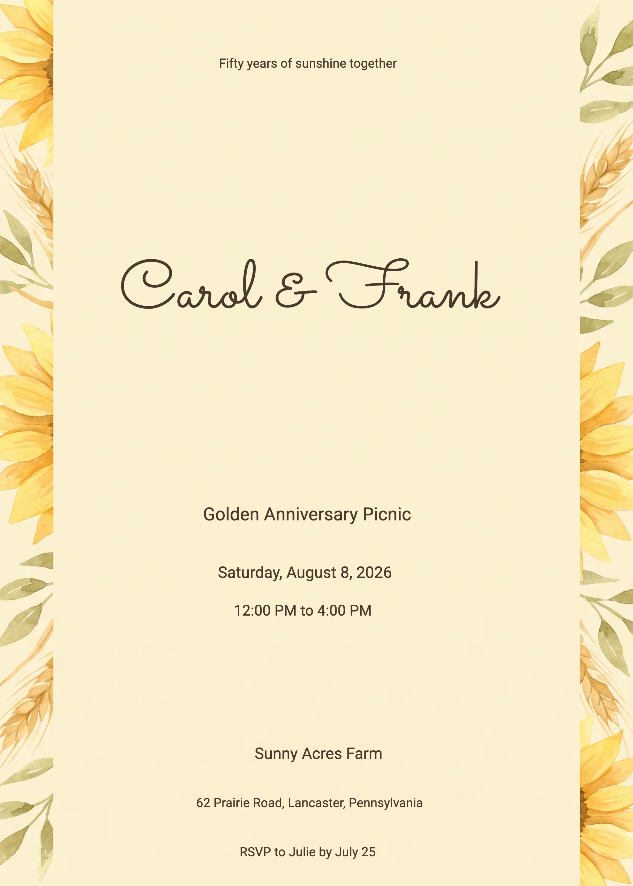 Golden Sunflower Anniversary Gathering Invitation 