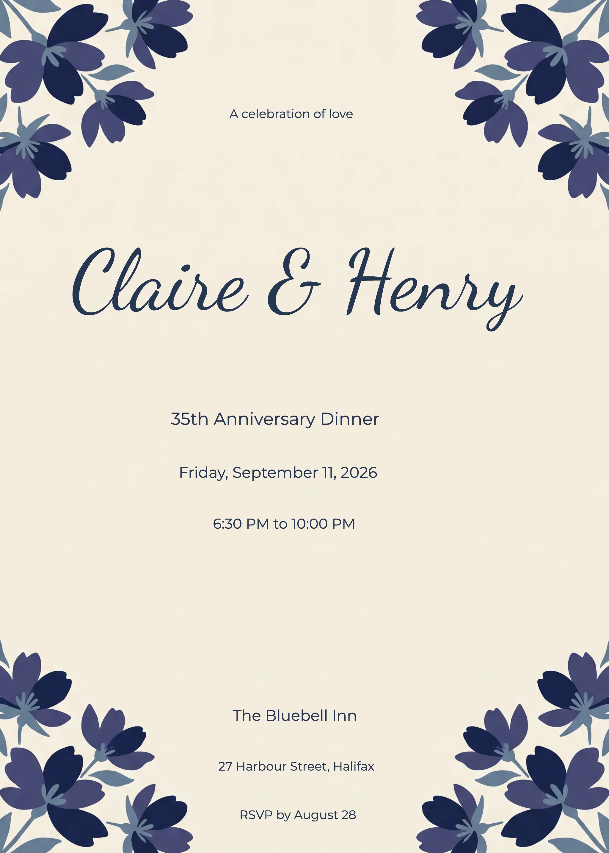Indigo Blooms Anniversary Invitation