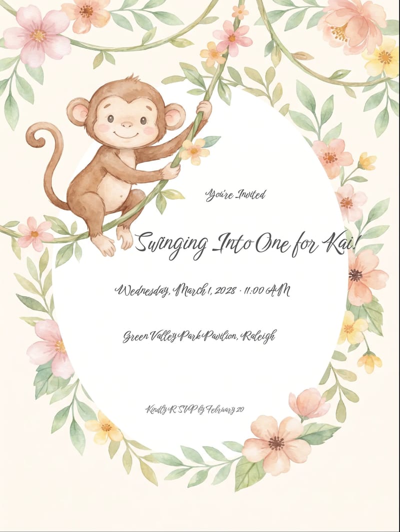 Jungle Monkey First Birthday Invitation invitation