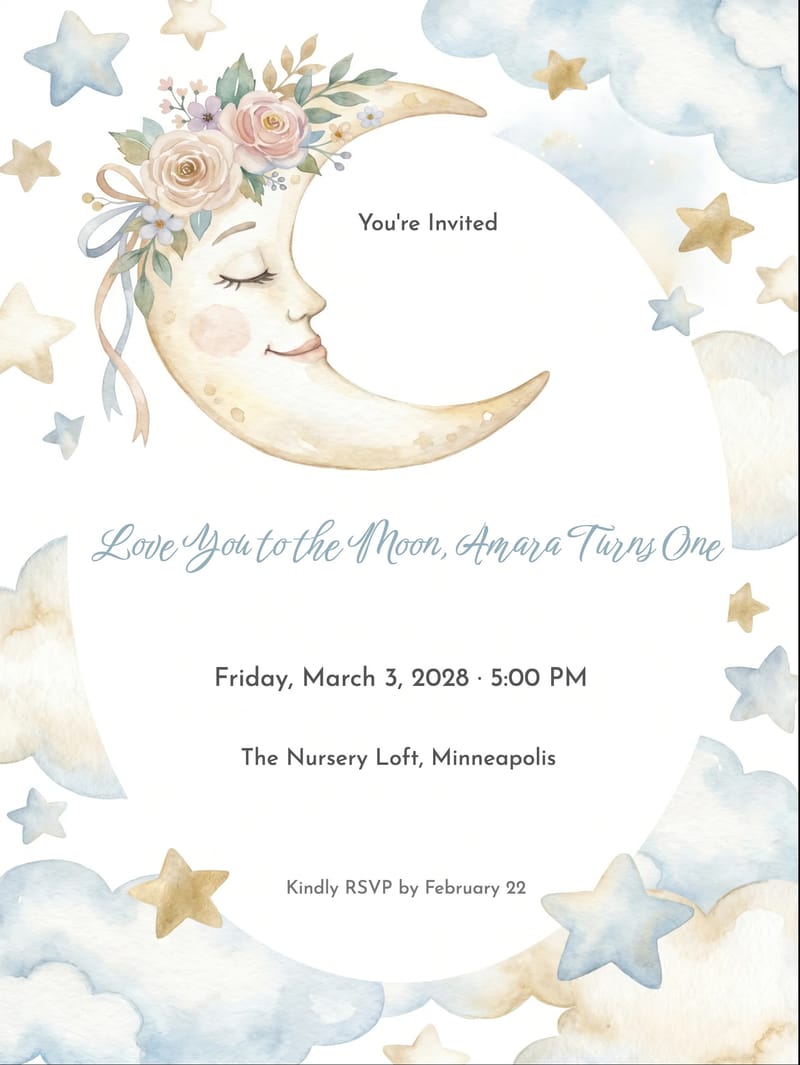 Sleepy Moon First Birthday Invitation invitation