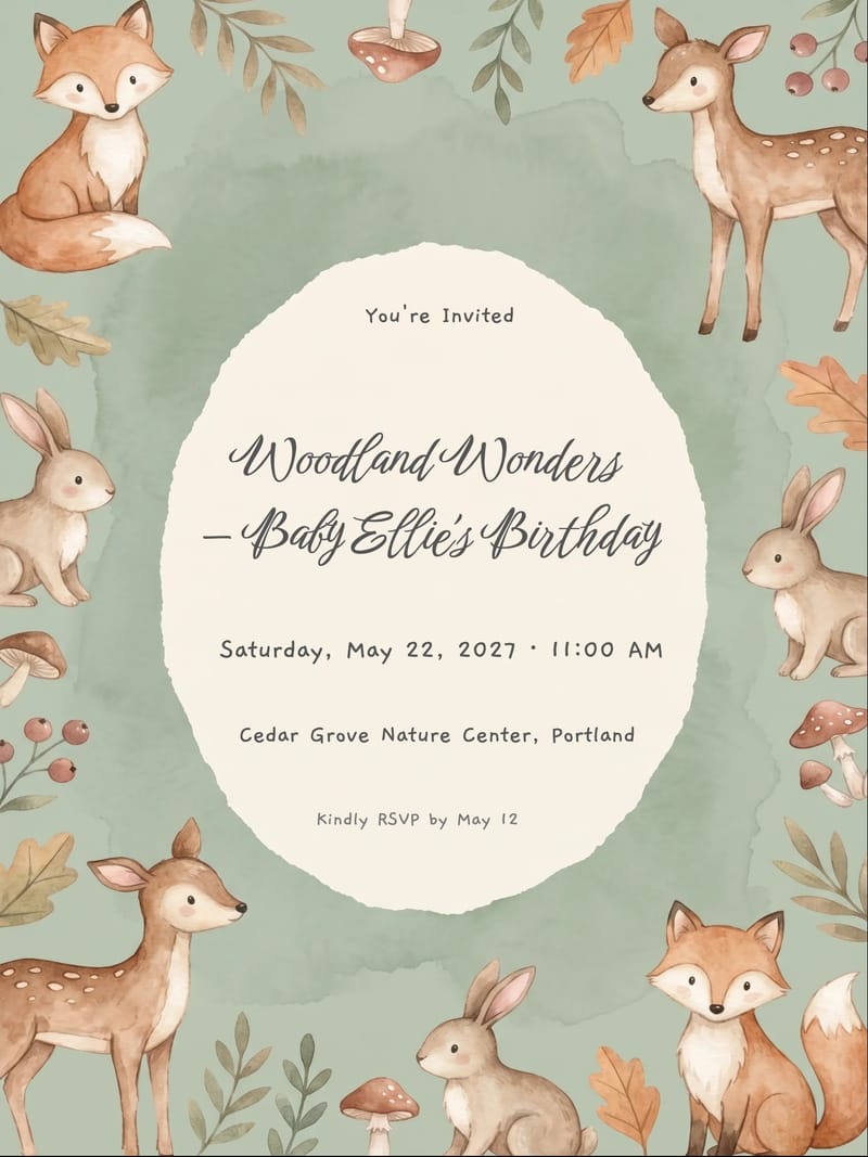 Woodland Critters Baby Birthday Invitation invitation