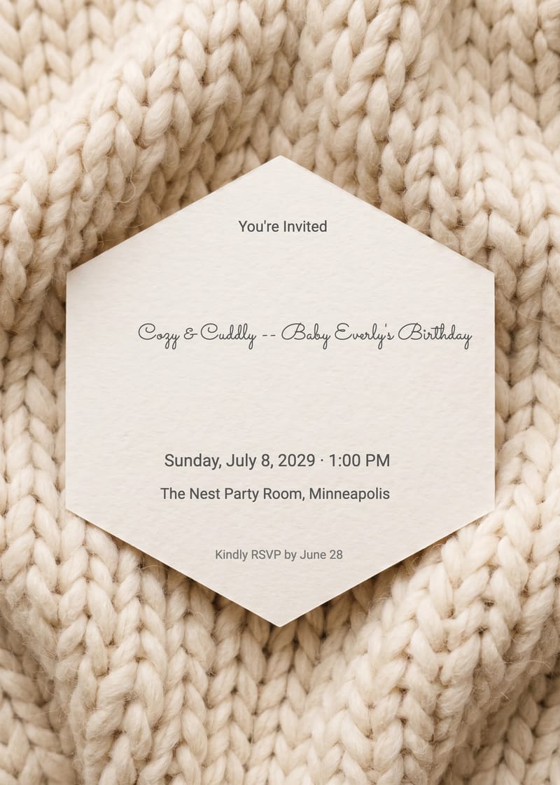 Baby birthday invitation with chunky cream knit background and hexagonal text panel.