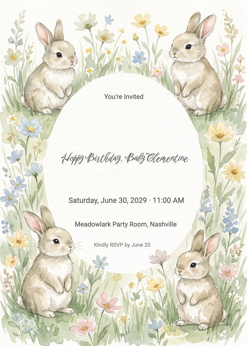 Bunny Field Baby Birthday Invitation invitation