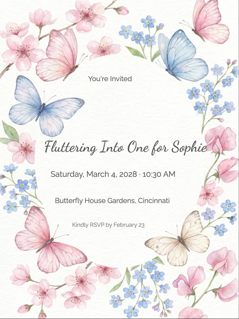 Pink Blue Butterfly Blossom First Birthday Invitation invitation