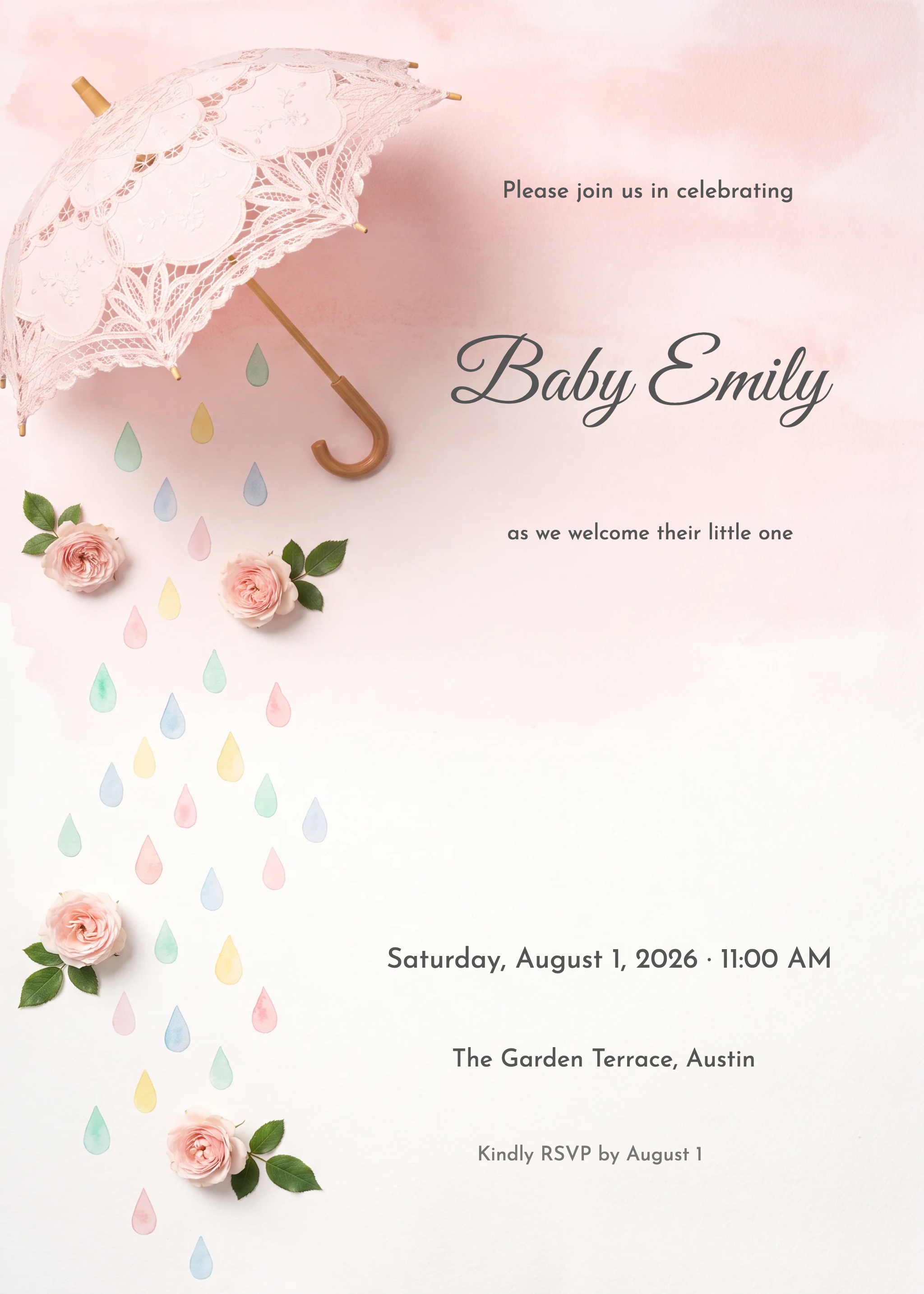 Pink Parasol & Rain Drops Baby Girl Shower Invitation invitation