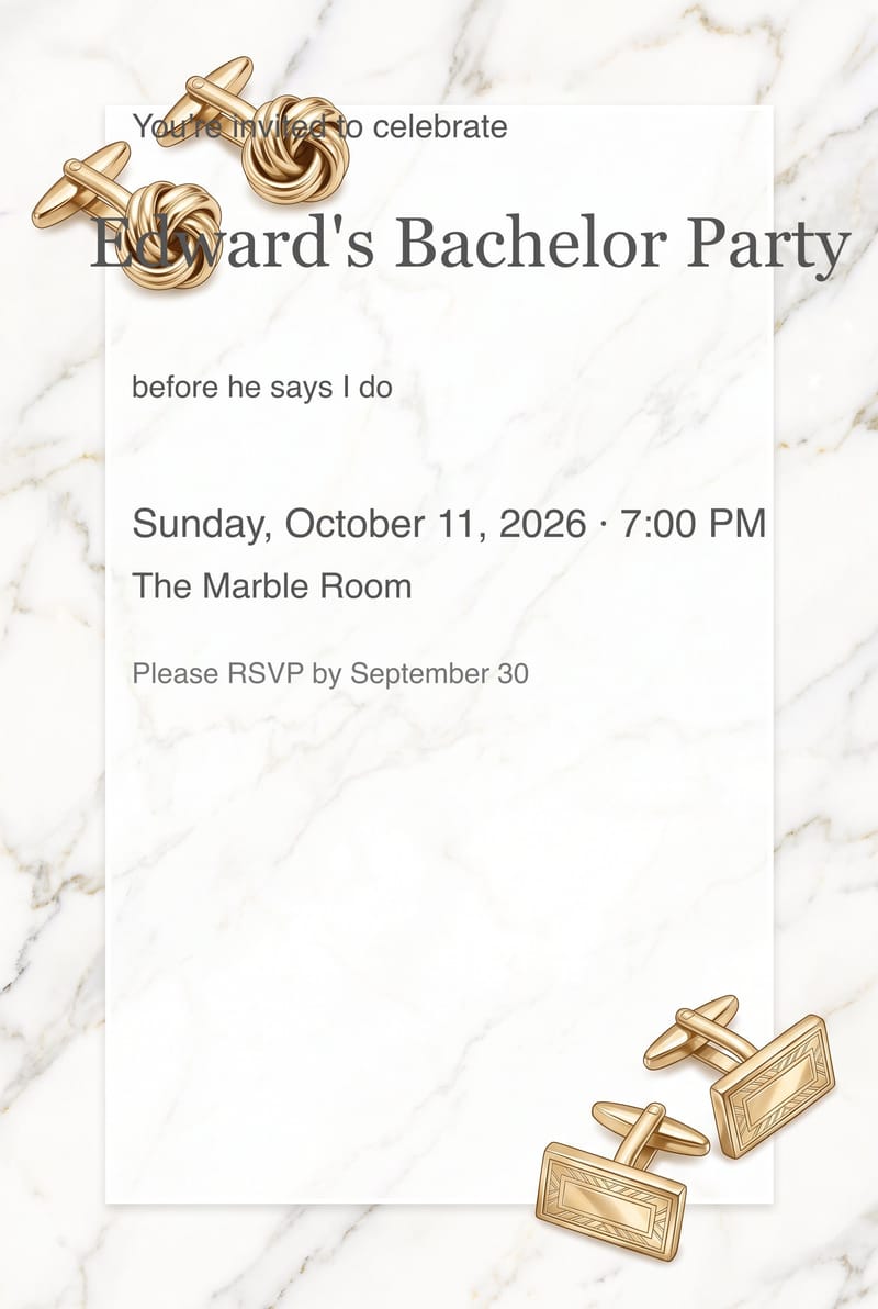 Gold Cufflinks Marble Bachelor Party Invitation invitation
