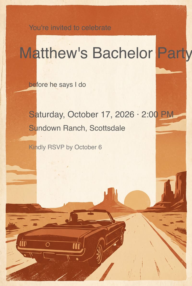 Vintage Car Desert Road Bachelor Party Invitation invitation