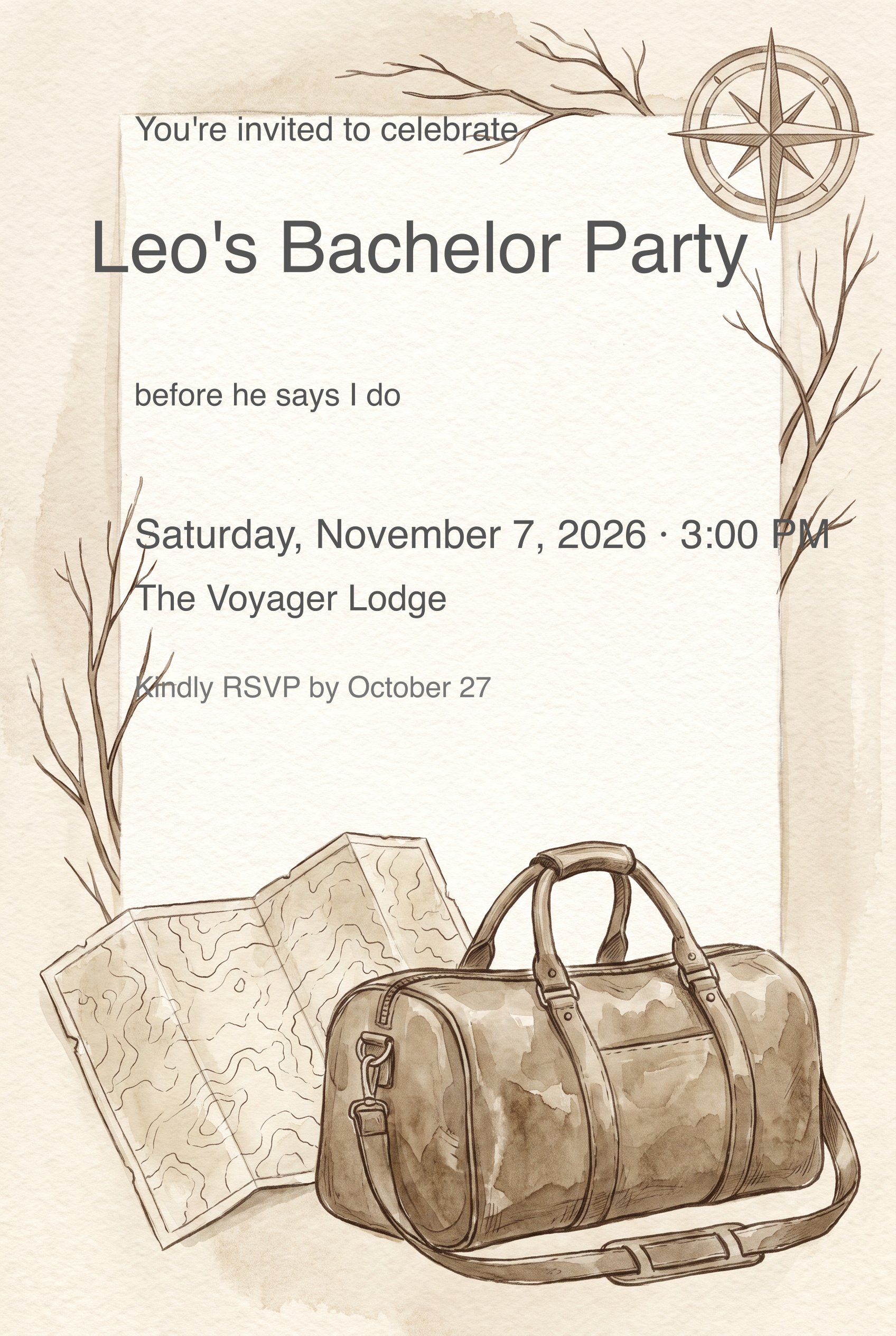 Leather Bag & Map Bachelor Party Invitation