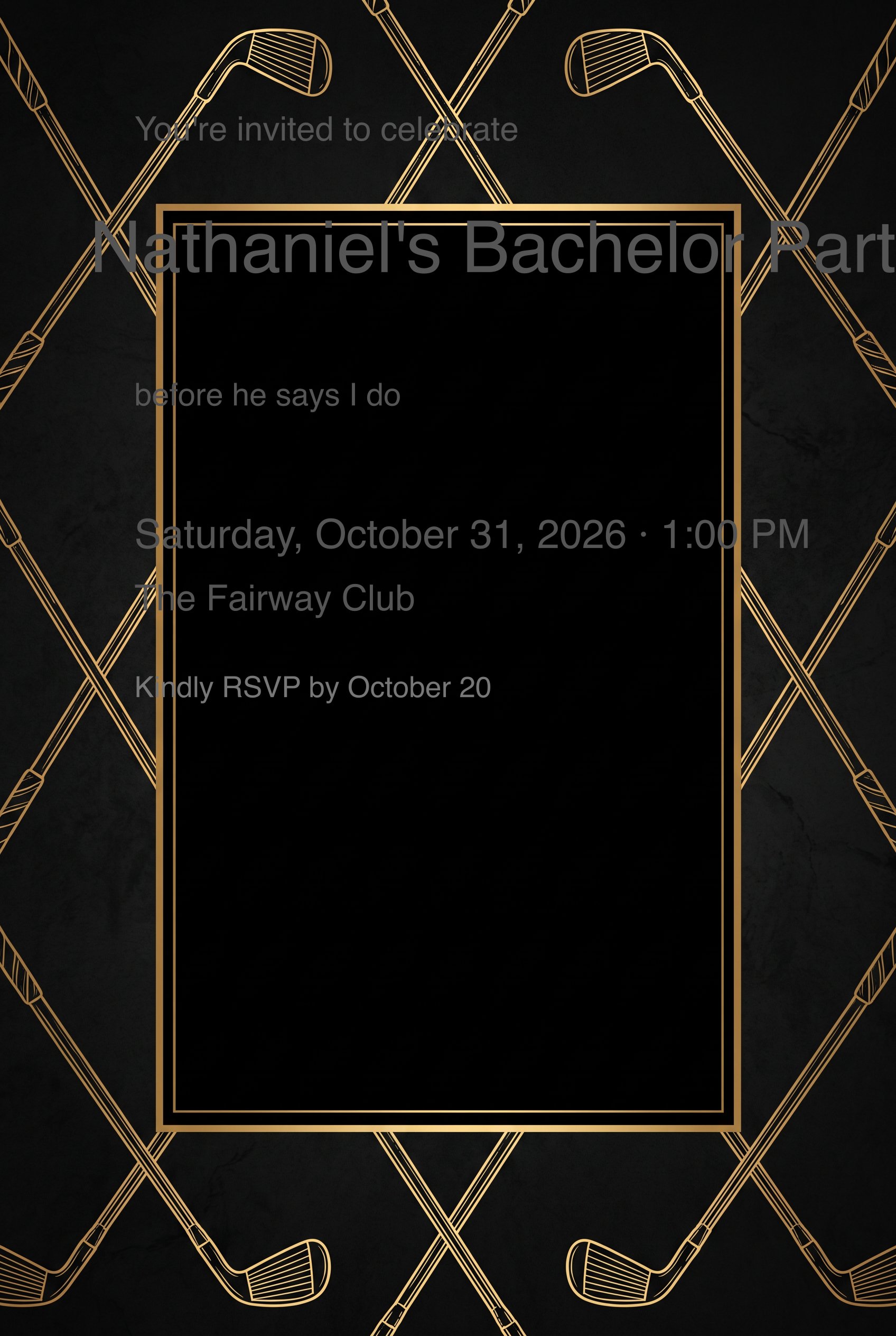 Golf Clubs Black Gold Bachelor Party Invitation