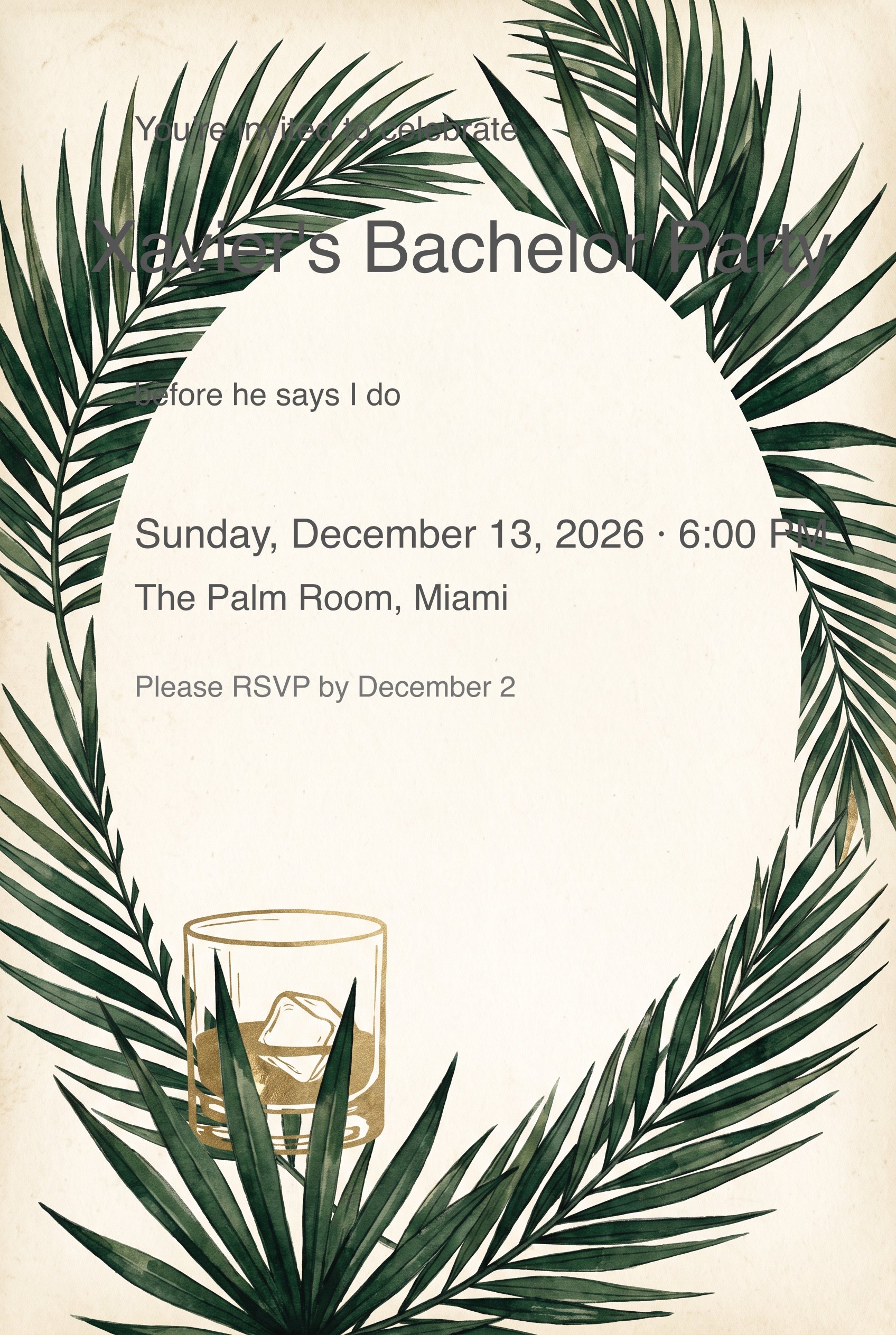 Palm Leaf Whiskey Bachelor Party Invitation