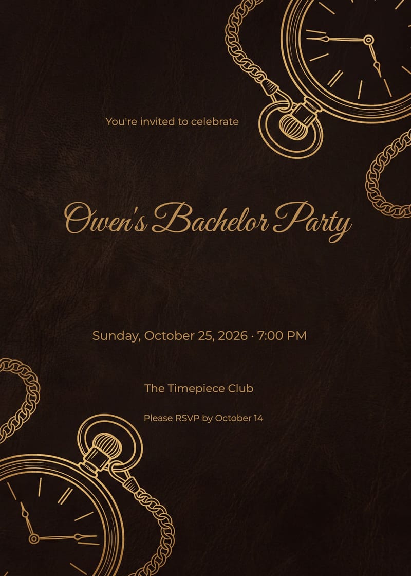 Dark brown bachelor party invitation with two gold pocket watch and chain illustrations.