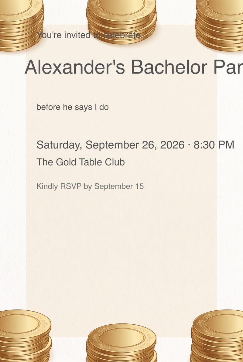 Gold Poker Chips Bachelor Party Invitation invitation