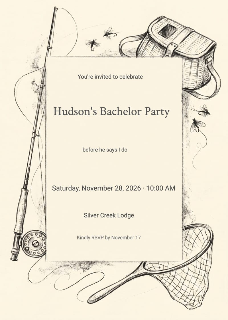 Cream invitation with pencil-sketch fly fishing rod, tackle box, net, and fly lures.