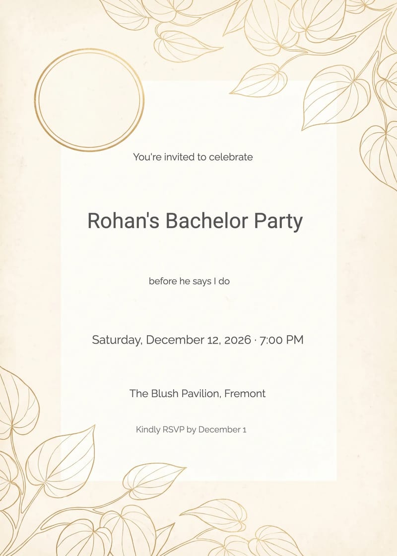 Cream invitation with gold leaf line-art borders and bold serif bachelor party text.