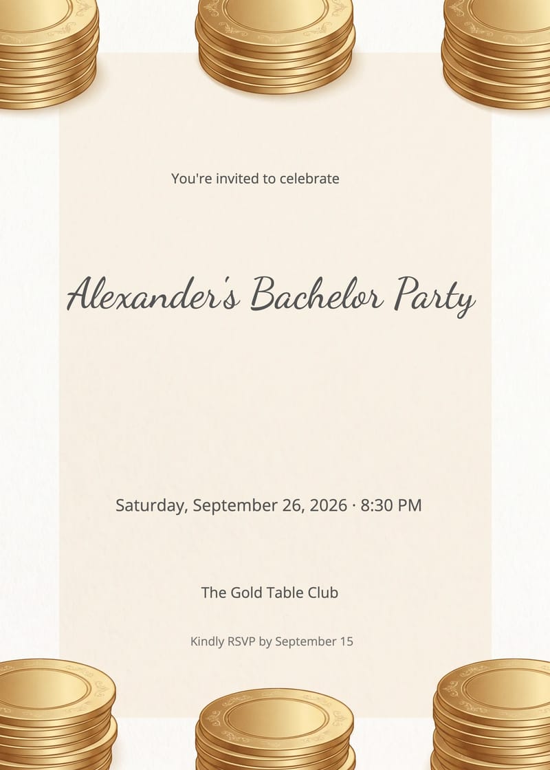 Bachelor party invitation with gold coin stacks and cream card panel showing event details.
