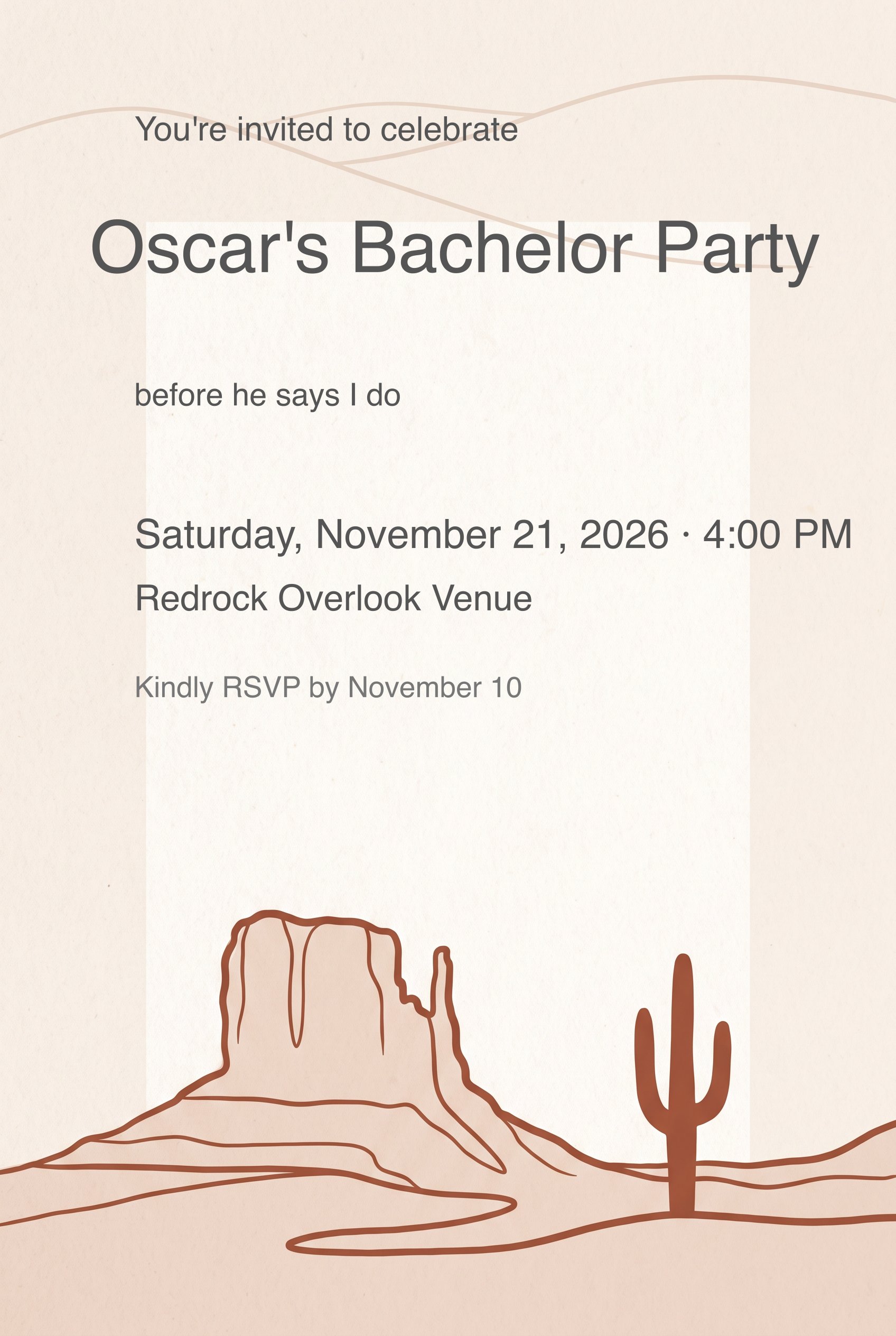 Desert Cactus Mesa Bachelor Party Invitation