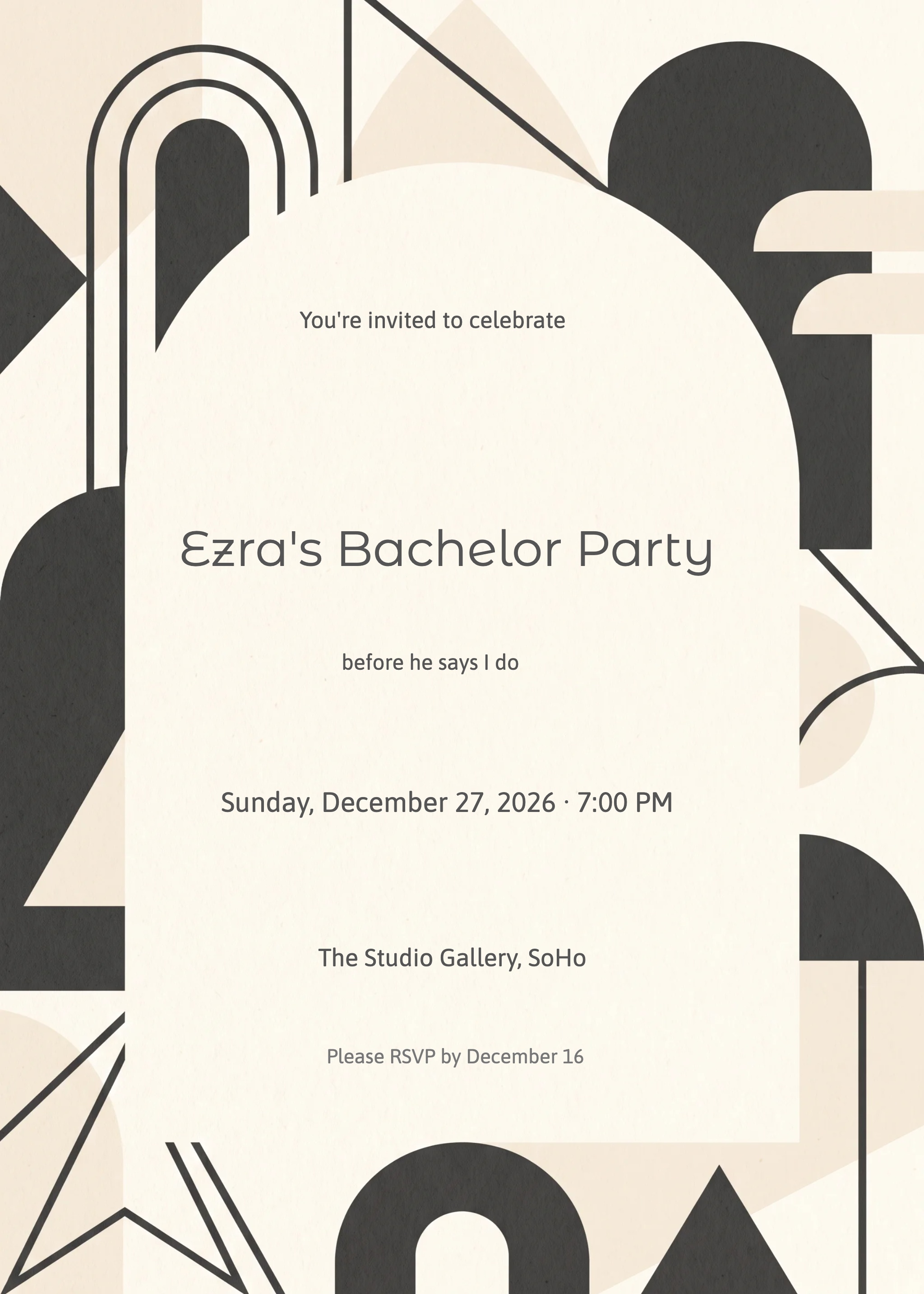 Cream bachelor party invitation with bold charcoal geometric arches, triangles, and sans-serif text.